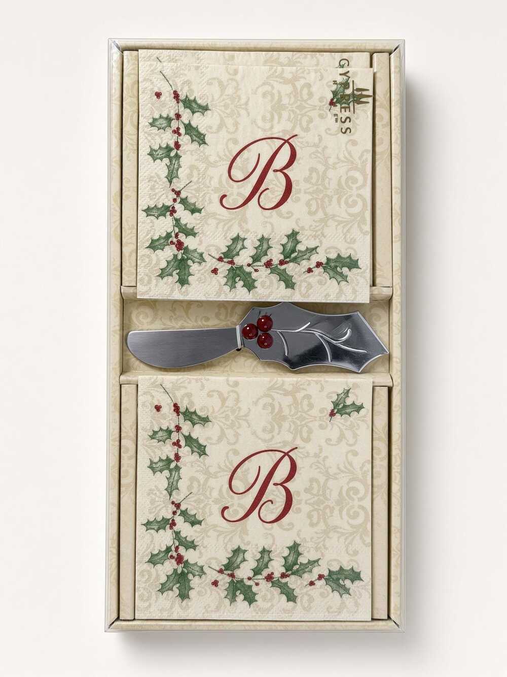 Cypress Home Napkin Set, Holly Cheese Knife, Vintage Hostess Gift Box